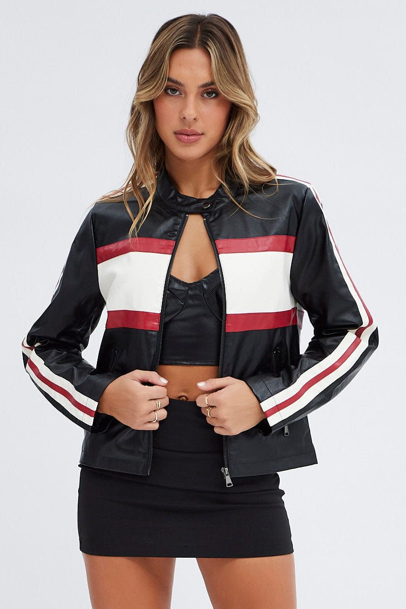 Black Faux Leather Jacket Long Sleeves for Ally Fashion