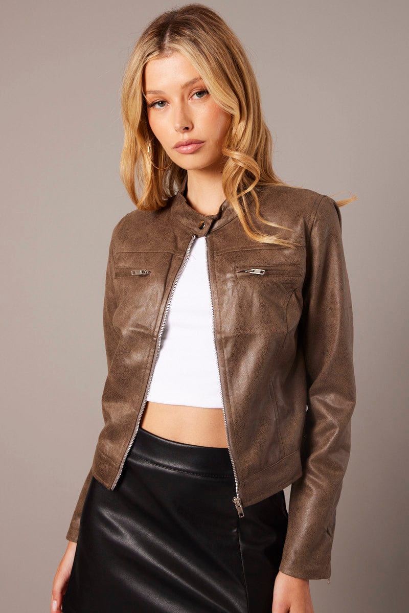 Brown Jacket Long Sleeve Crop Faux Leather for Ally Fashion