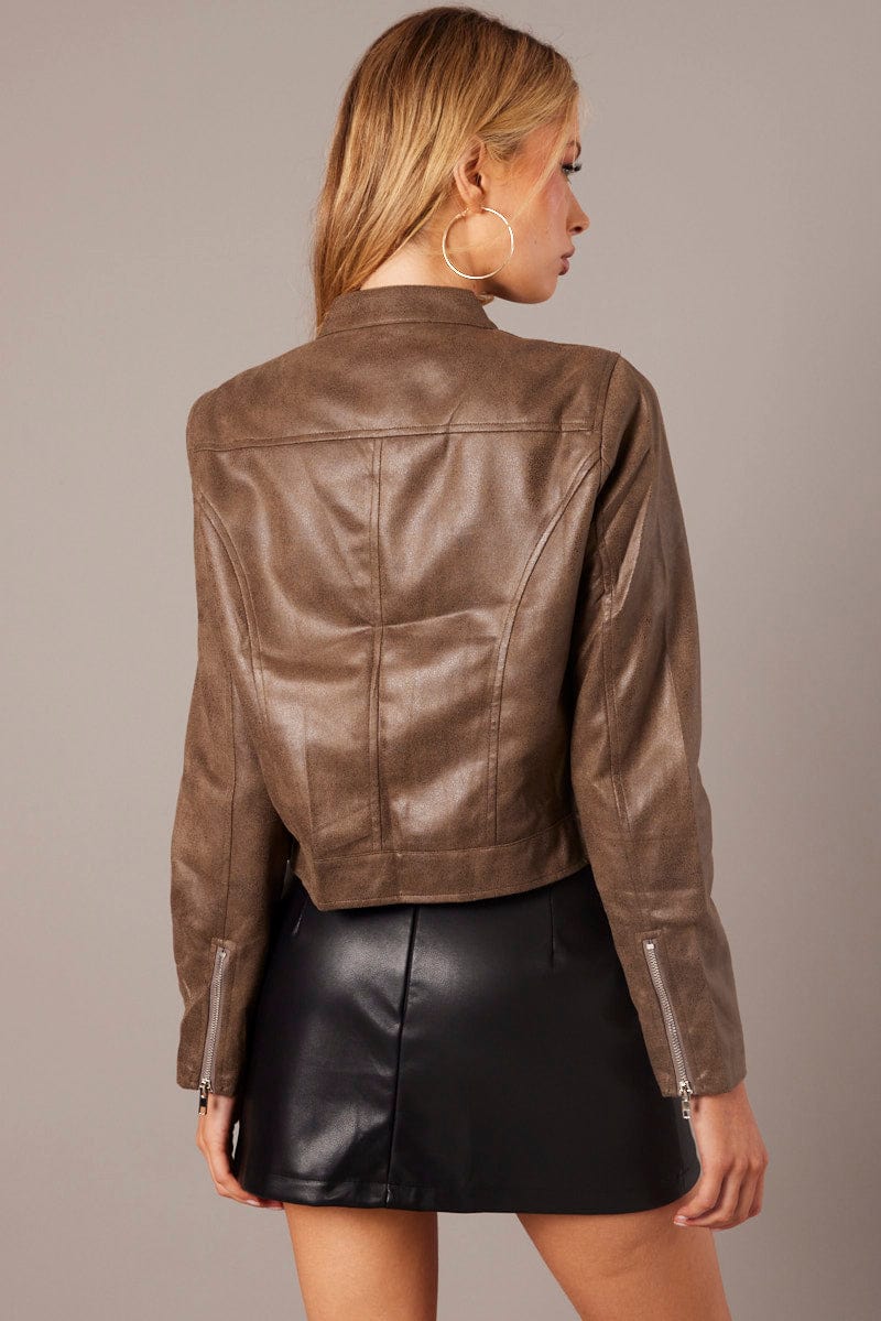 Brown Jacket Long Sleeve Crop Faux Leather for Ally Fashion