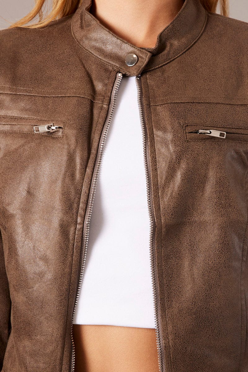 Brown Jacket Long Sleeve Crop Faux Leather for Ally Fashion