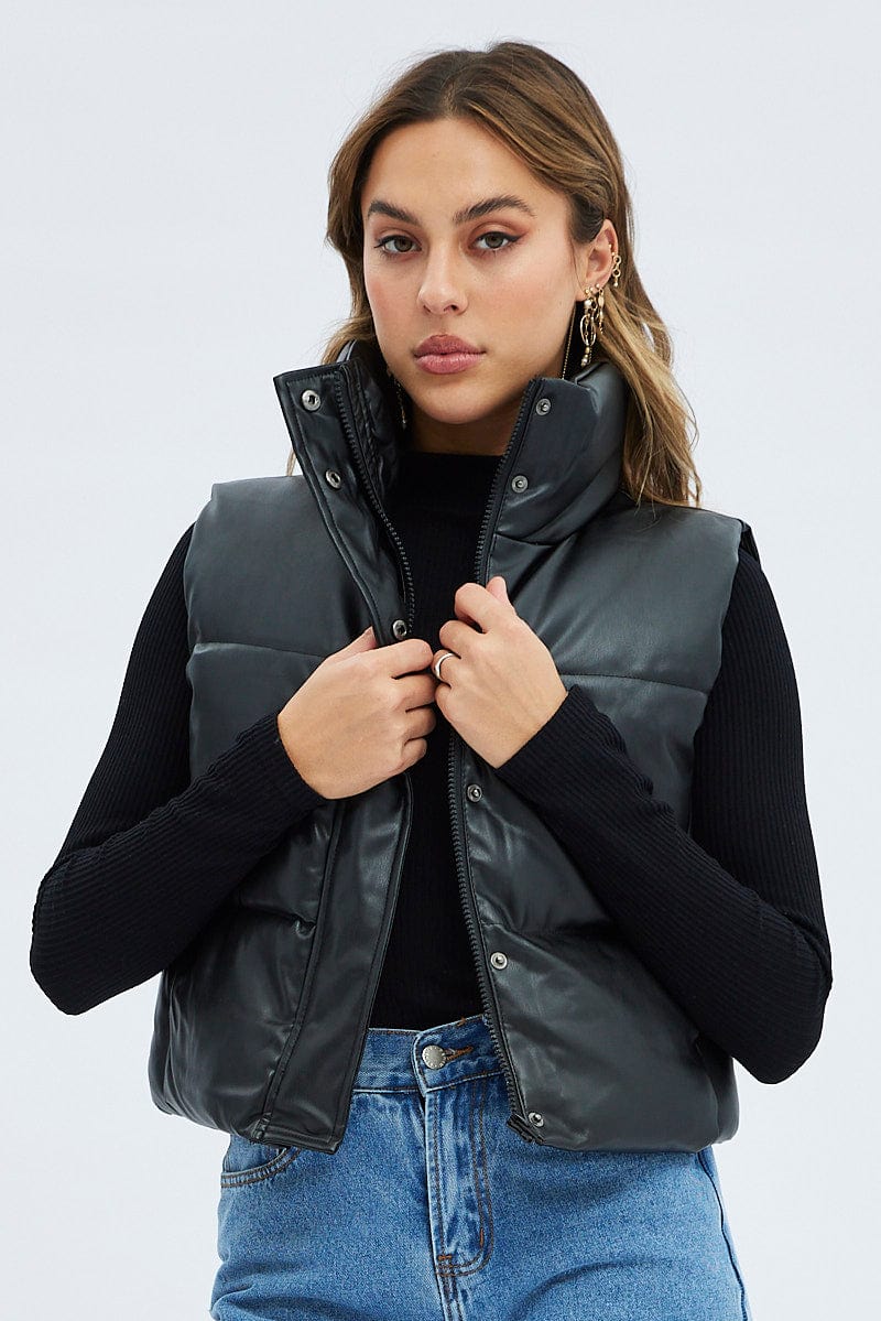 Black Puffer Zip Sleeveless  Faux Leather for Ally Fashion