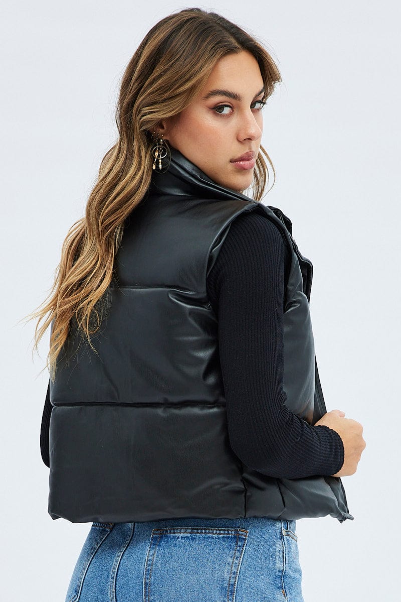 ONLY Anja Faux Leather Sleeveless Puffer Gilet with Hood in Black  One  Nation Clothing ONLY Anja Faux Leather Sleeveless Puffer Gilet with Hood in  Black