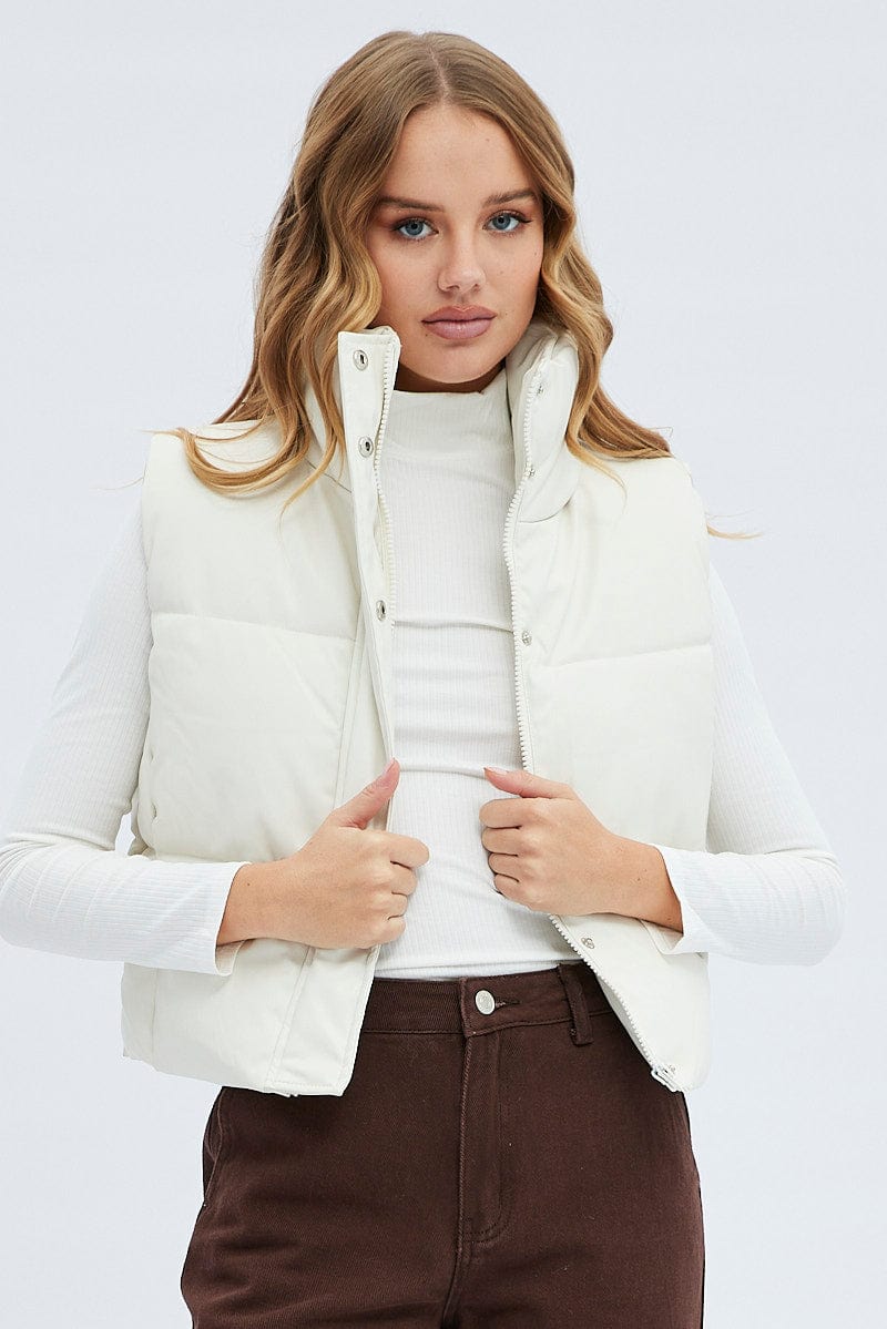 White Puffer Zip Sleeveless  Faux Leather for Ally Fashion