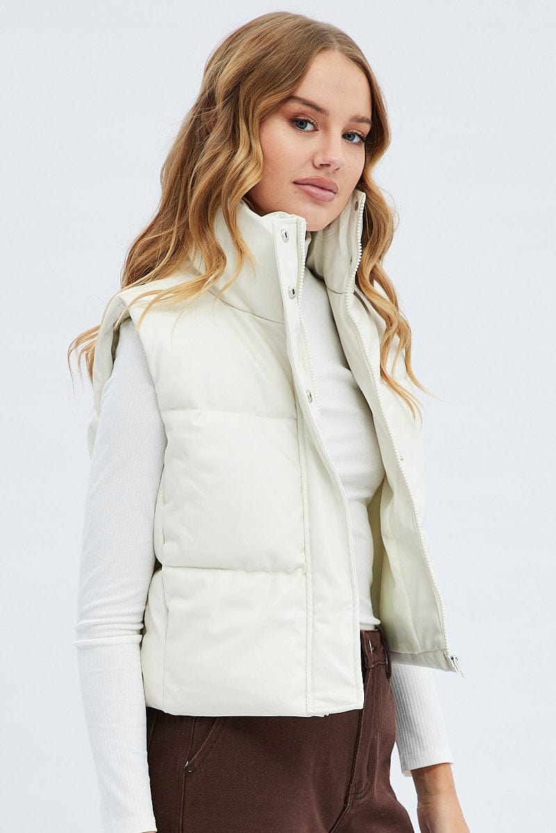 White Puffer Zip Sleeveless  Faux Leather for Ally Fashion
