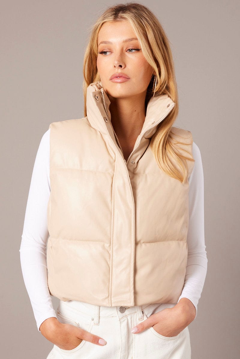 Camel Puffer Zip Sleeveless Faux Leather for Ally Fashion