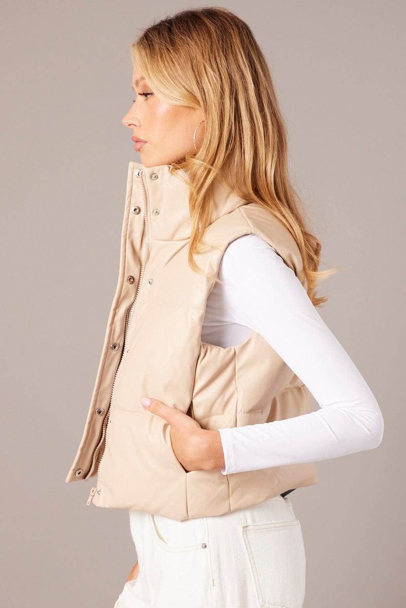 Camel Puffer Zip Sleeveless Faux Leather for Ally Fashion