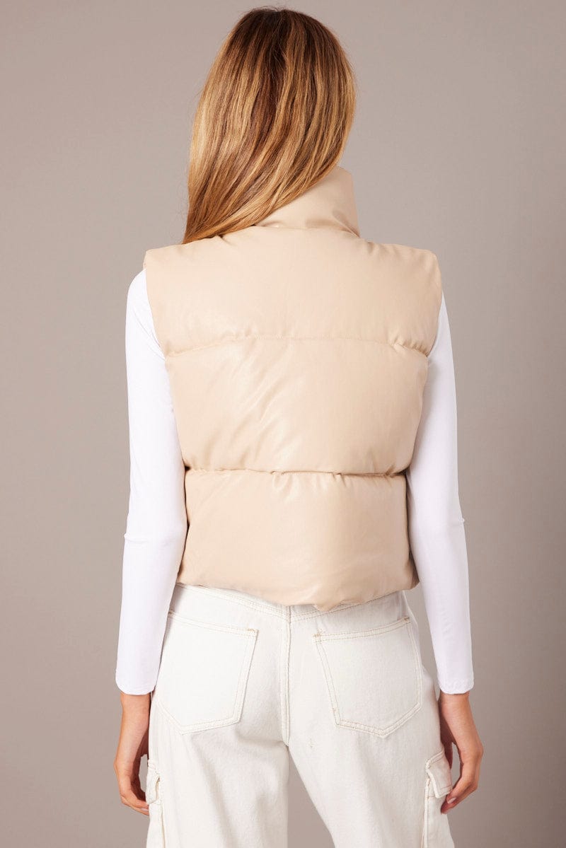 Camel Puffer Zip Sleeveless Faux Leather for Ally Fashion