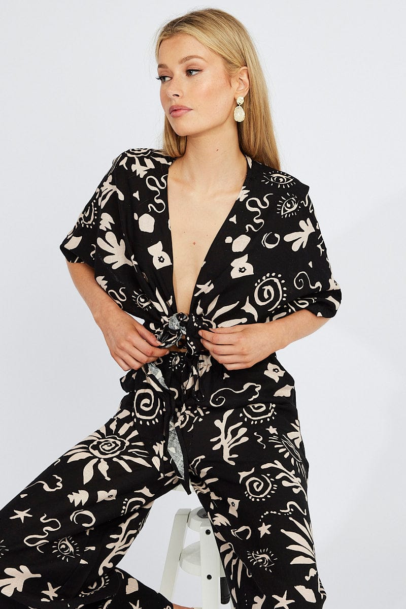 Black Abstract Tie Up Bolero Short Sleeve for Ally Fashion