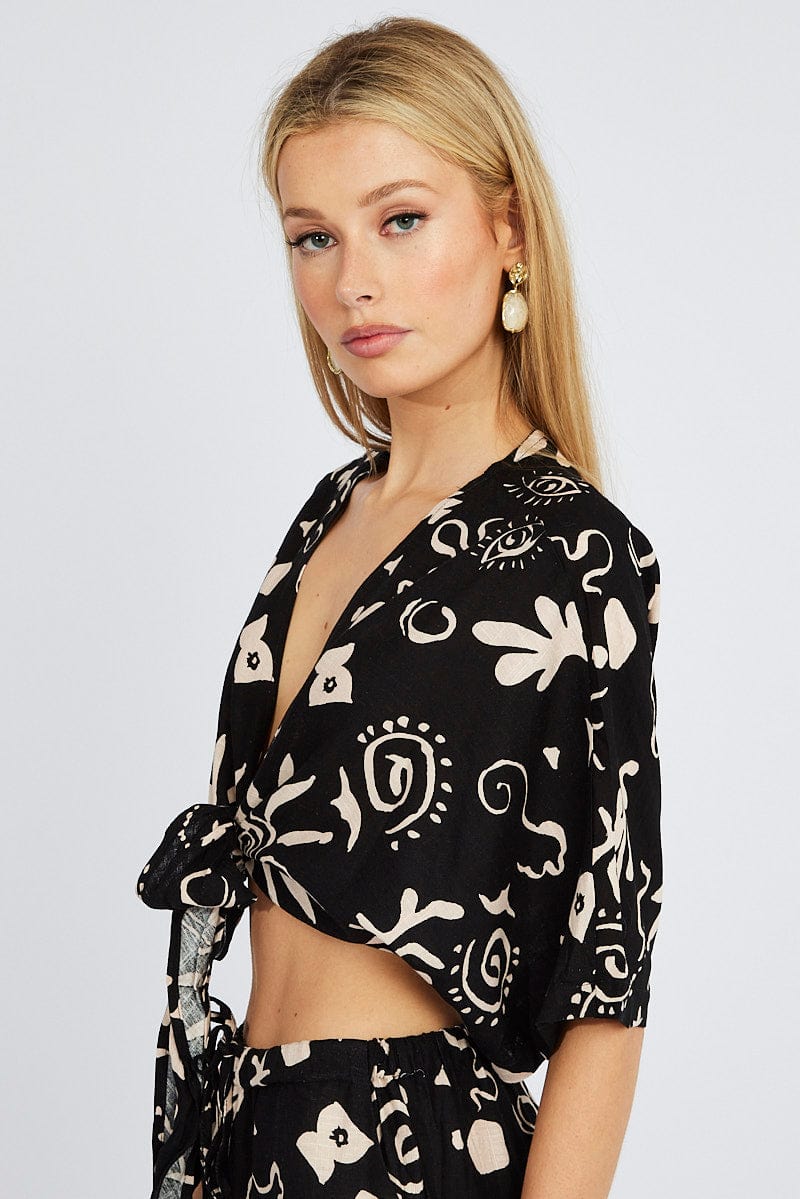 Black Abstract Tie Up Bolero Short Sleeve for Ally Fashion