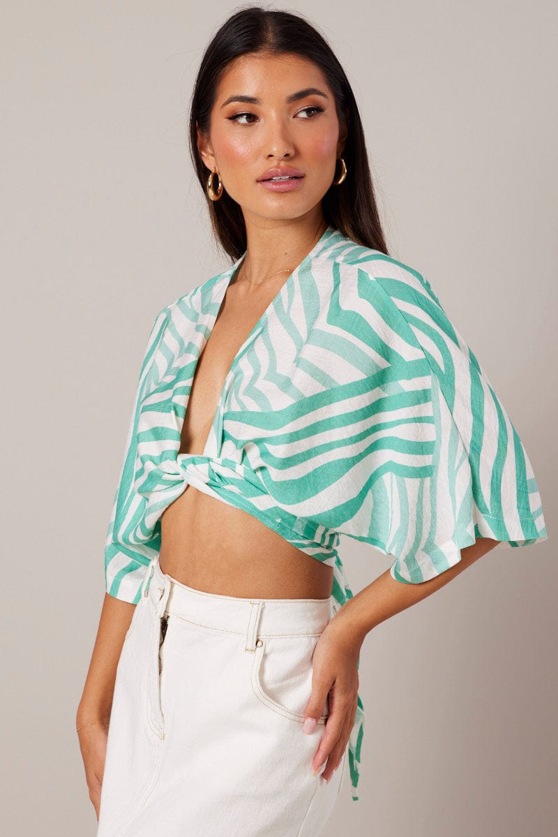 Green Abstract Tie Up Bolero Short Sleeve for Ally Fashion