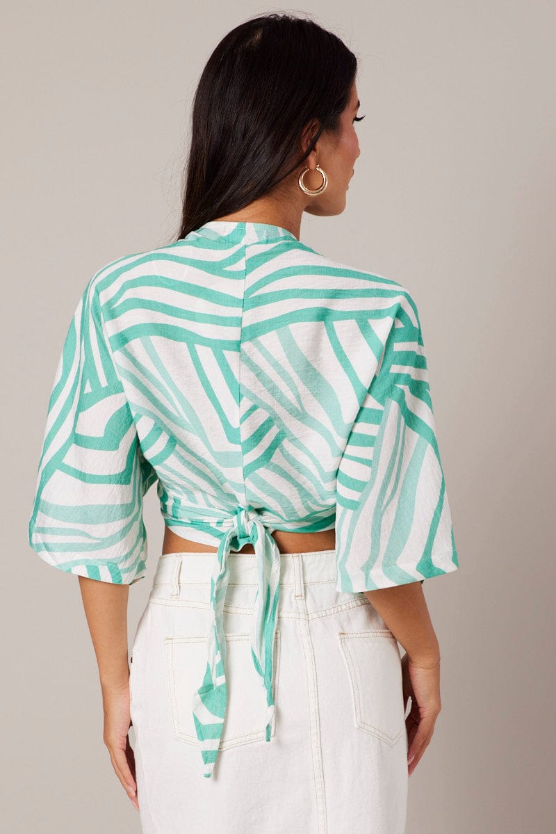 Green Abstract Tie Up Bolero Short Sleeve for Ally Fashion