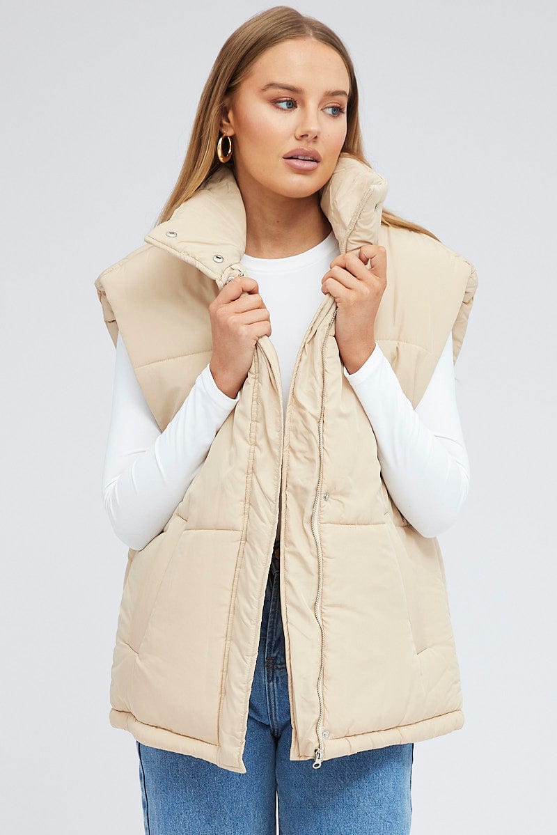 Beige Puffer Sleeveless Zip Thru for Ally Fashion