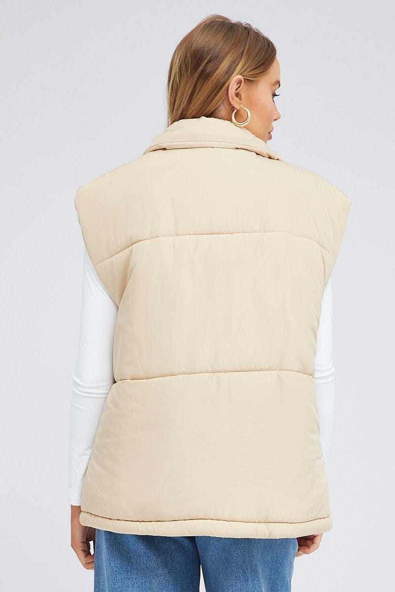 Beige Puffer Sleeveless Zip Thru for Ally Fashion