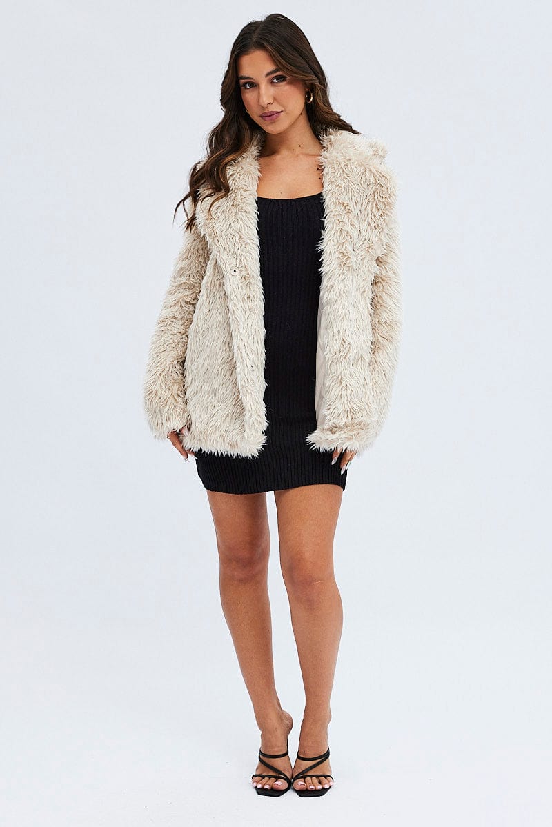 Camel Jacket Long Sleeves Collared Faux Fur for Ally Fashion