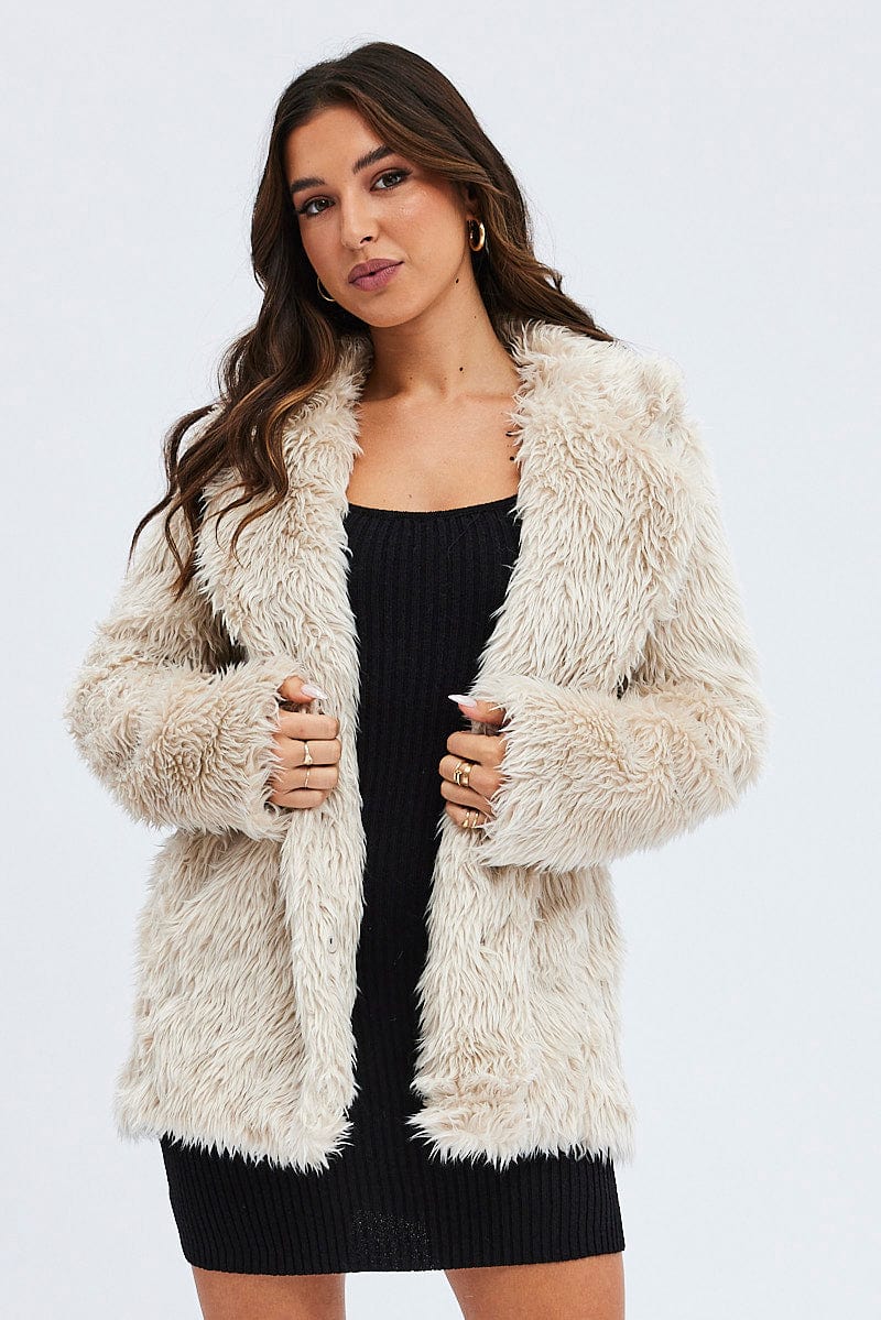 Camel Jacket Long Sleeves Collared Faux Fur for Ally Fashion