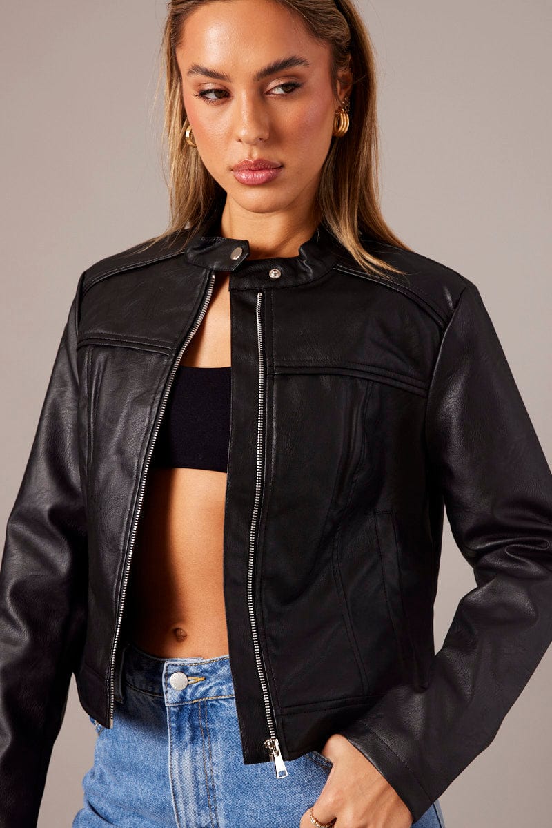 Black Jacket Long Sleeve Zip Faux Leather for Ally Fashion