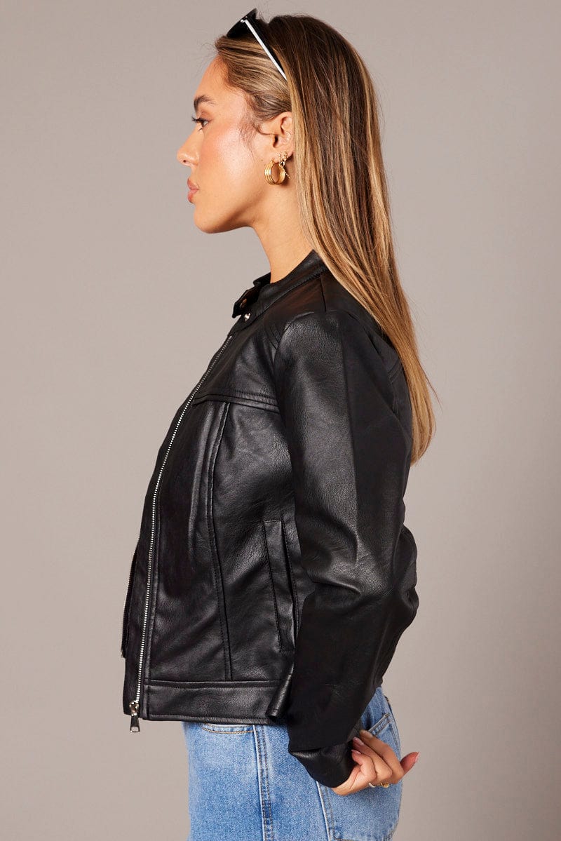 Black Jacket Long Sleeve Zip Faux Leather for Ally Fashion