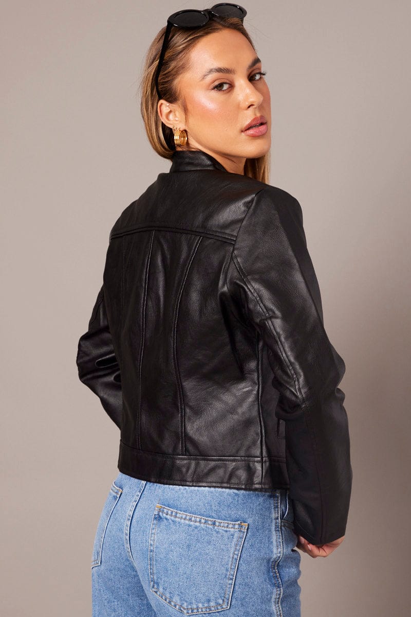 Black Jacket Long Sleeve Zip Faux Leather for Ally Fashion