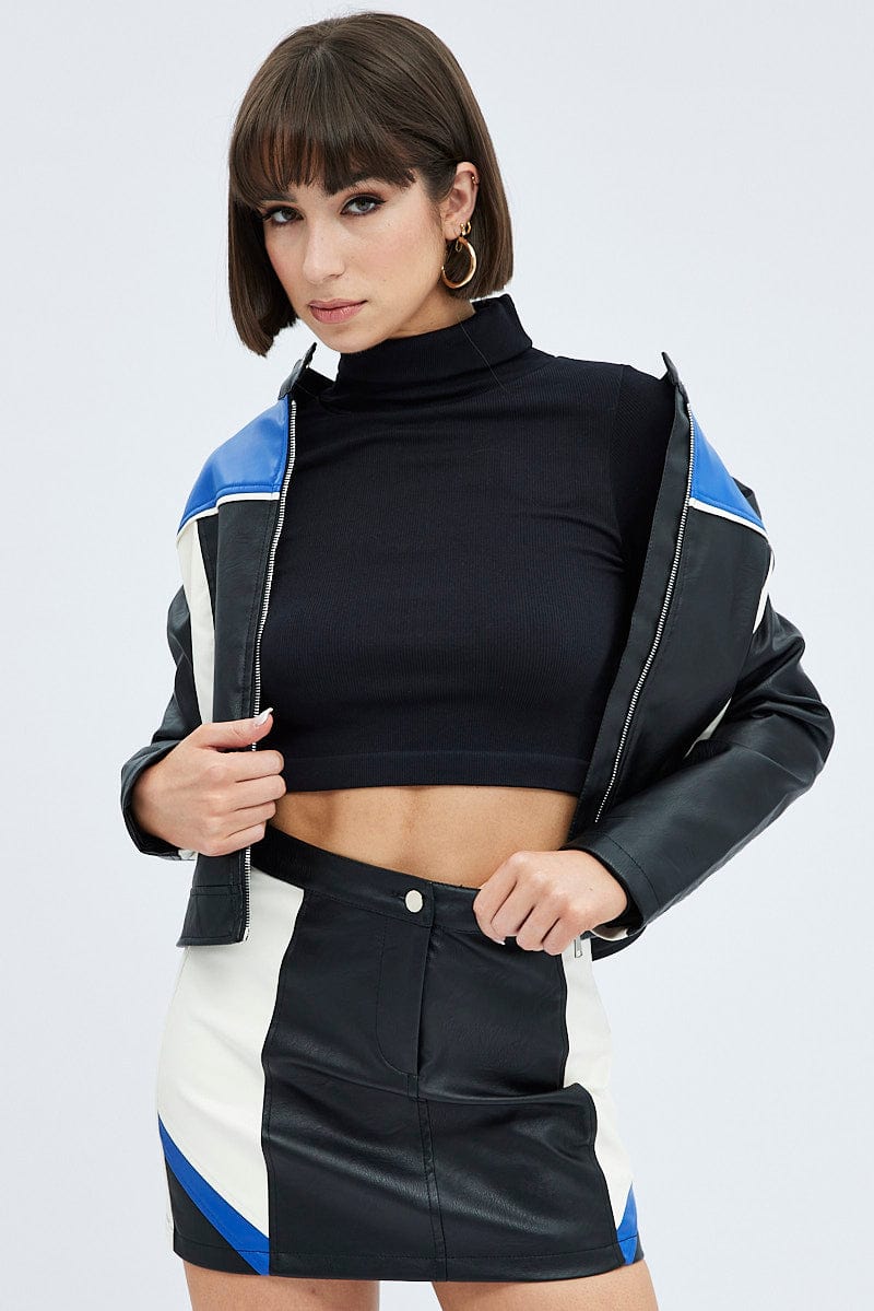 Black Jacket Colour Block Long Sleeve Zip Faux Leather for Ally Fashion