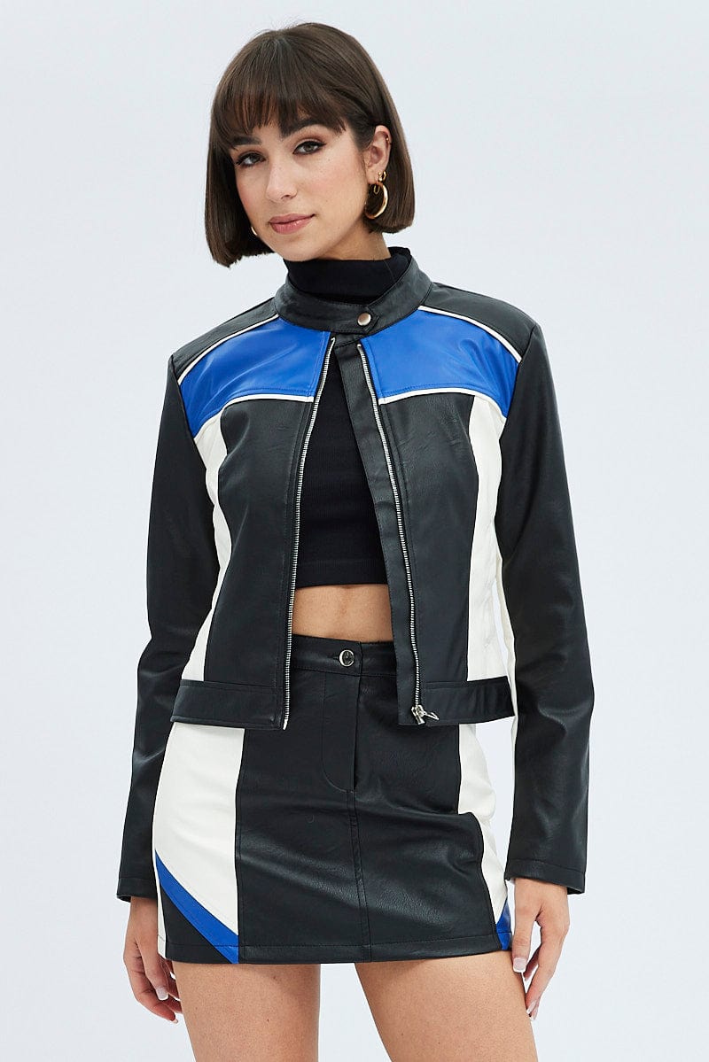 Black Jacket Colour Block Long Sleeve Zip Faux Leather for Ally Fashion