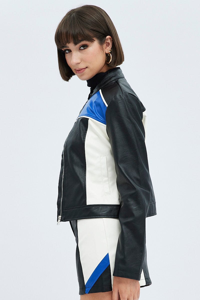 Black Jacket Colour Block Long Sleeve Zip Faux Leather for Ally Fashion