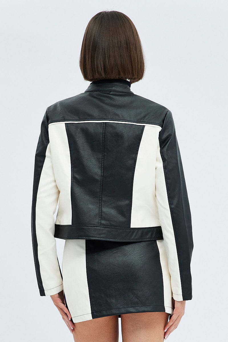 Black Jacket Colour Block Long Sleeve Zip Faux Leather for Ally Fashion