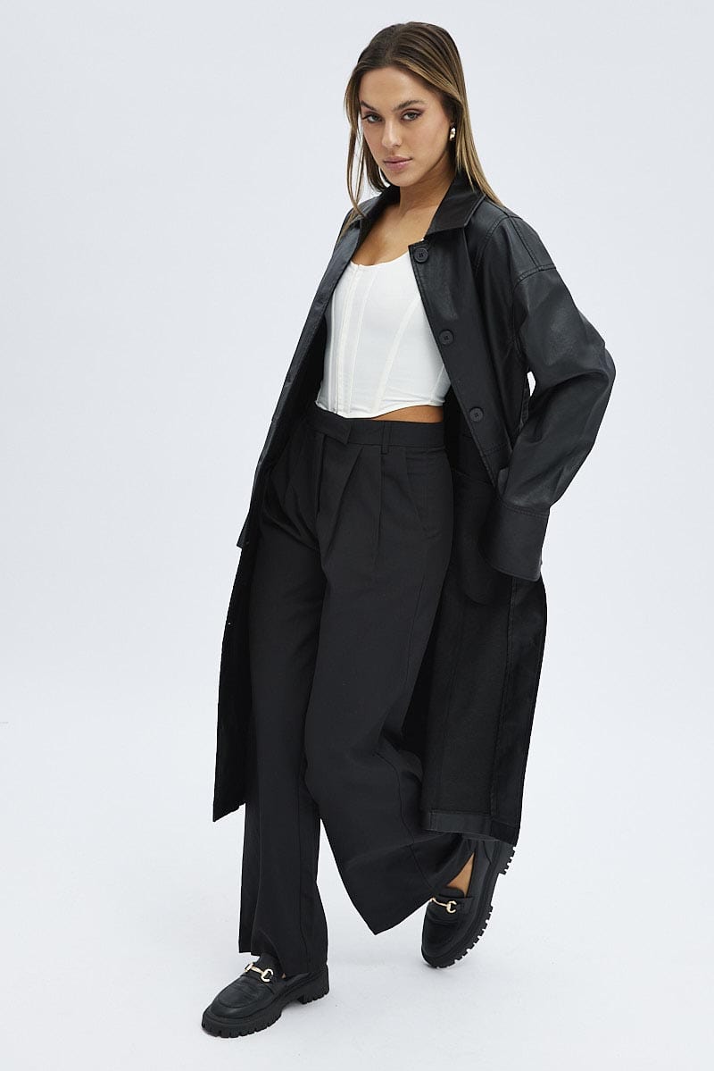 Black Jacket Longline Collar Long Sleeve Faux Leather | Ally Fashion