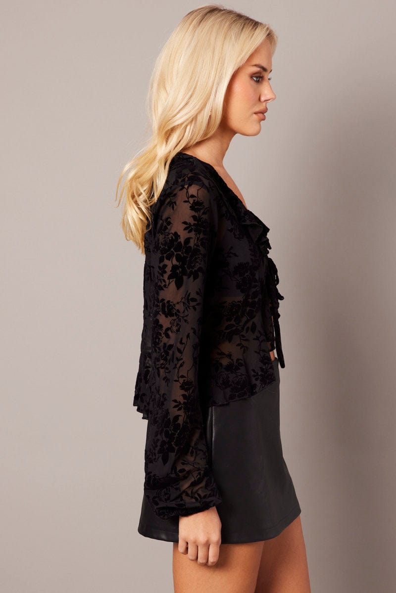 Black Ruffle Top Long Sleeve Burnout for Ally Fashion