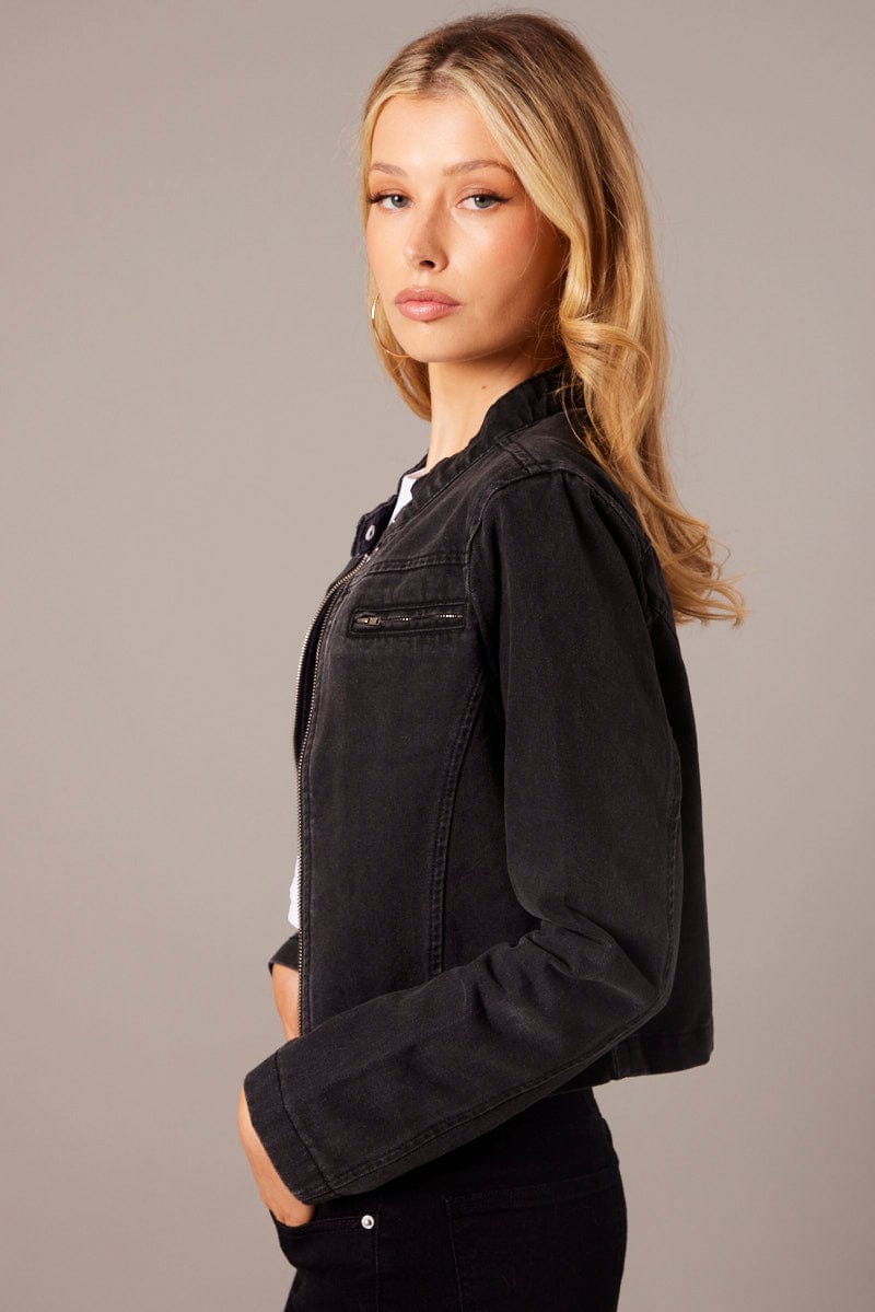 Black Denim Jacket Long Sleeve for Ally Fashion
