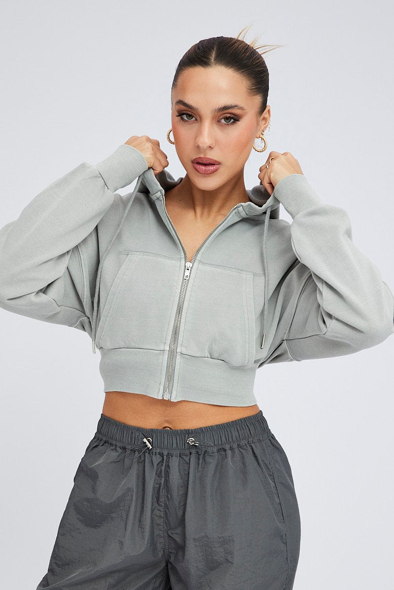 Grey Zip Hoodie Long Sleeve Crop for Ally Fashion