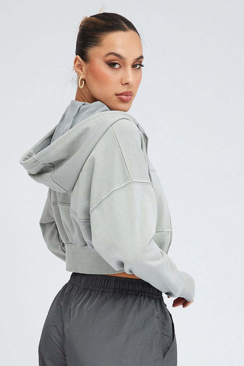 Grey Zip Hoodie Long Sleeve Crop for Ally Fashion