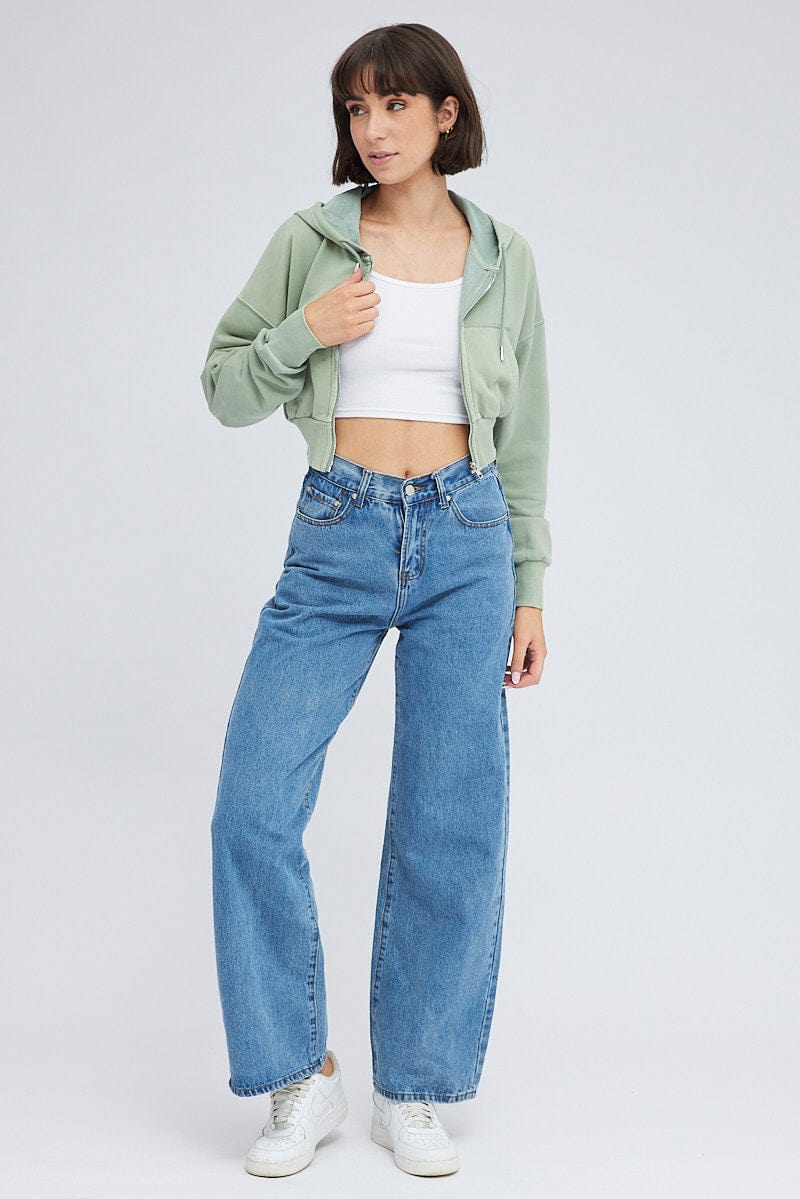 Green Zip Hoodie Long Sleeve Crop | Ally Fashion