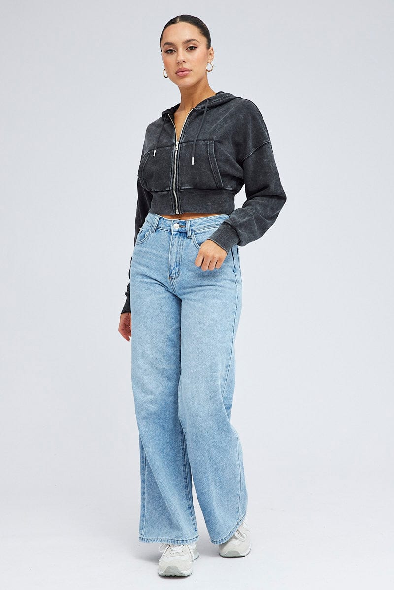 Black Zip Hoodie Long Sleeve Crop | Ally Fashion