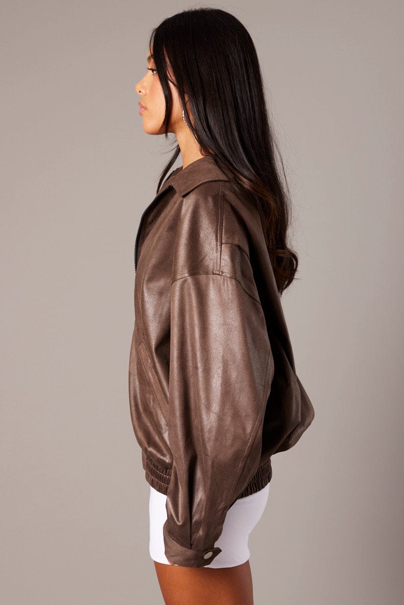 Brown Jacket Zip Long Sleeve for Ally Fashion