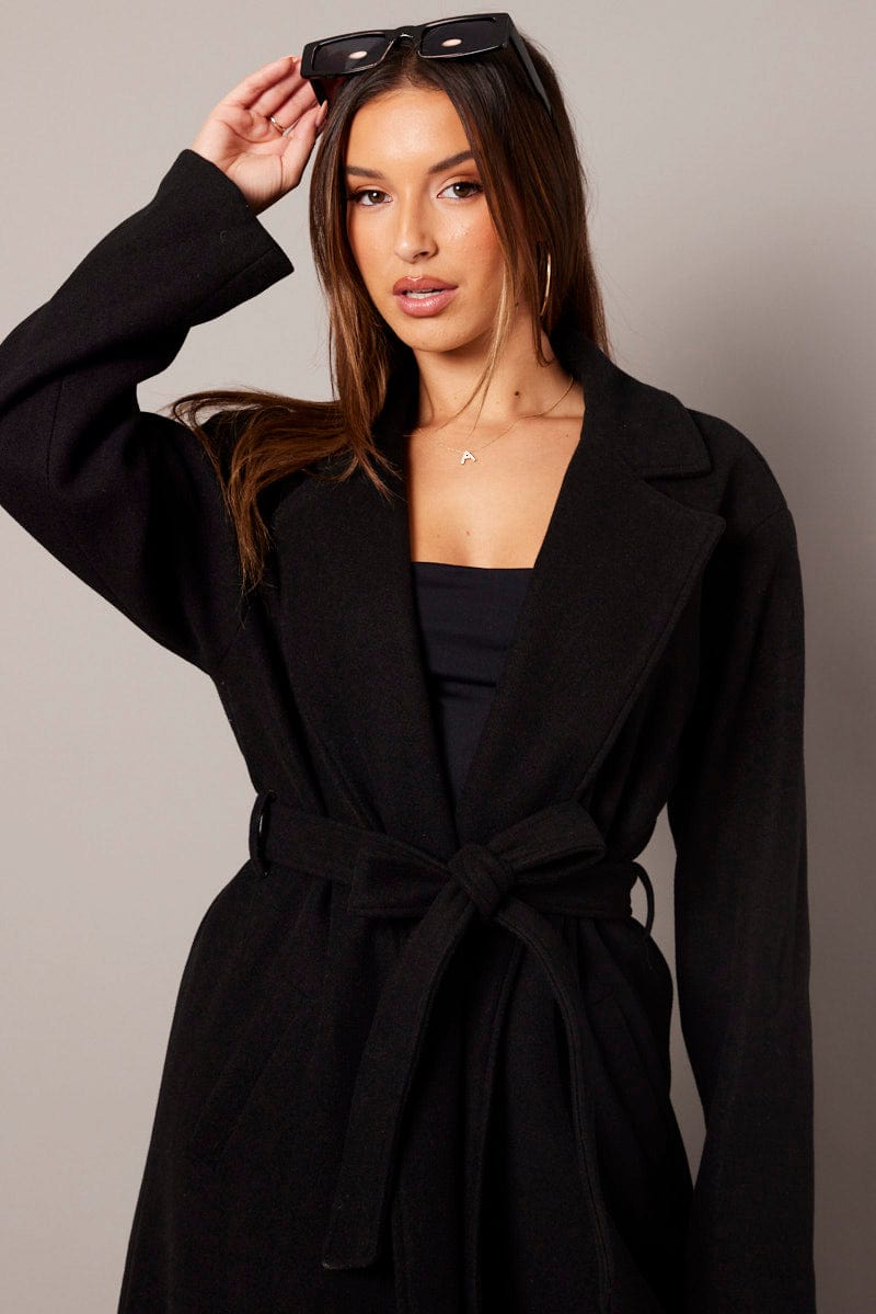 Black Long Coat Long Sleeve Tie Front for Ally Fashion