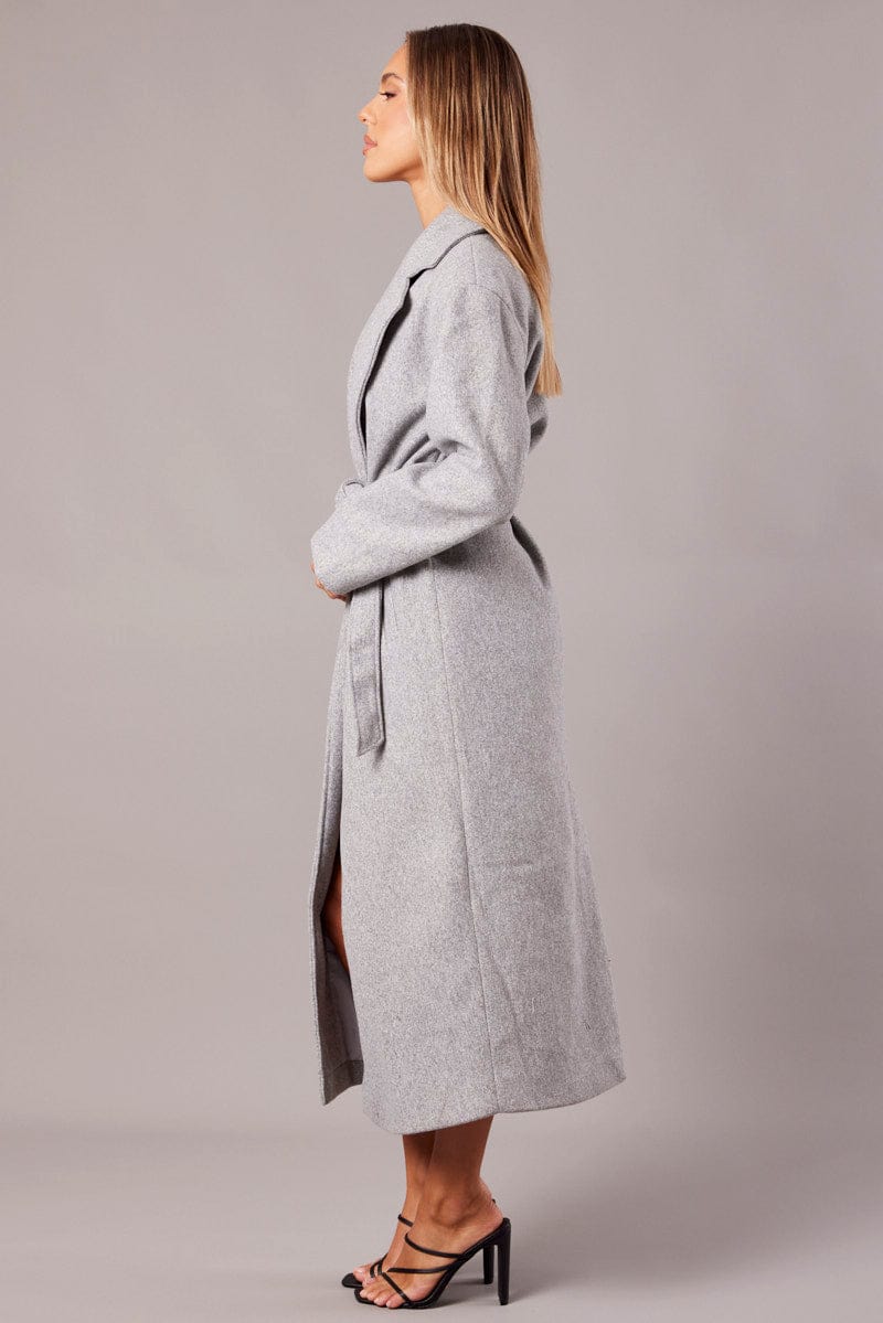 Grey Long Coat Long Sleeve Tie Front for Ally Fashion