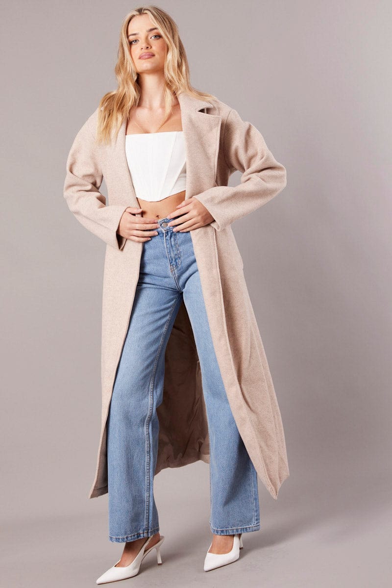 Beige Long Coat Long Sleeve Tie Front for Ally Fashion