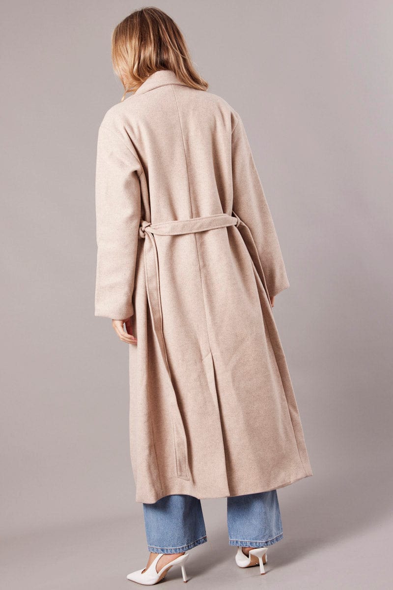 Beige Long Coat Long Sleeve Tie Front for Ally Fashion