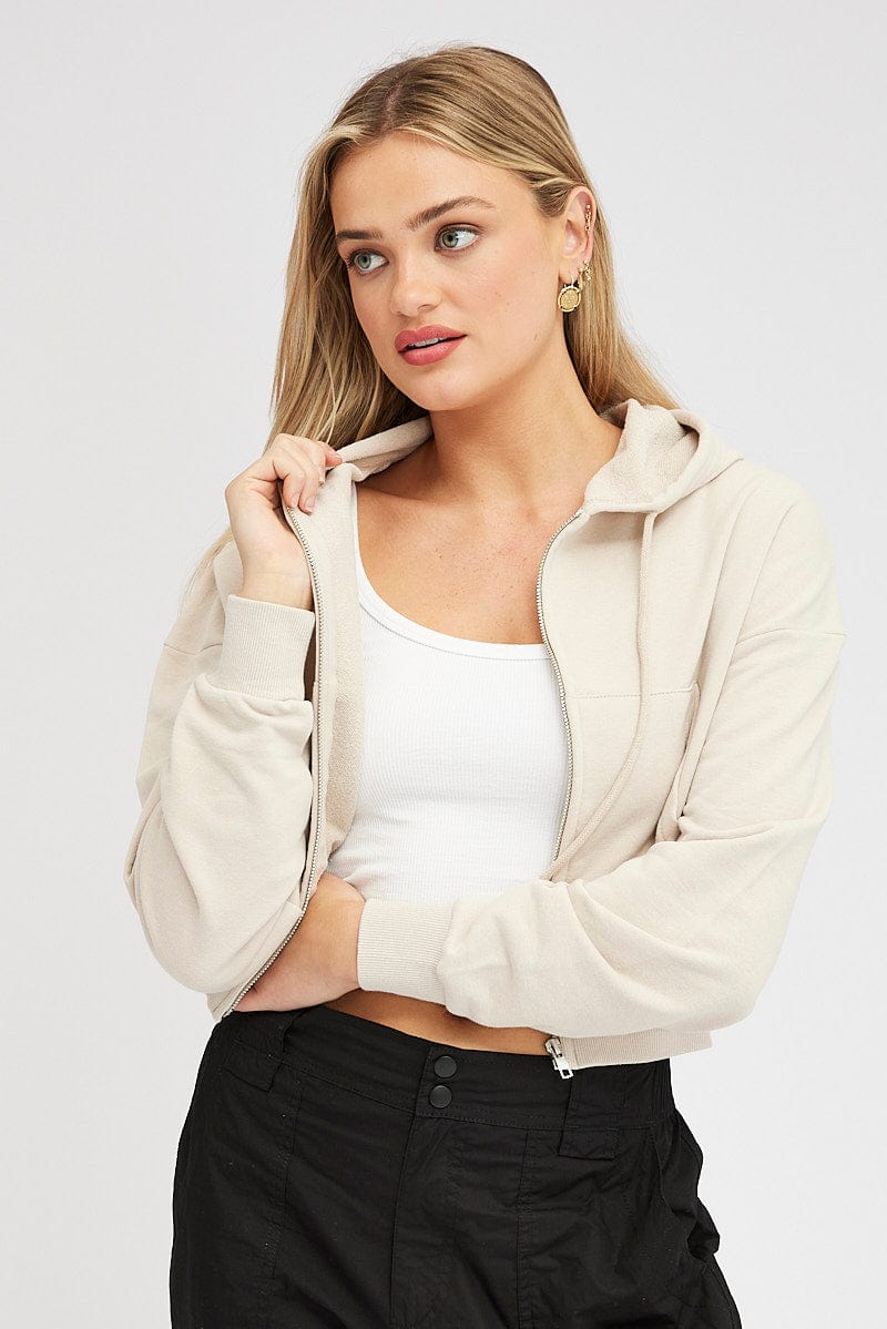 Beige Hoodie Zip Long Sleeve for Ally Fashion