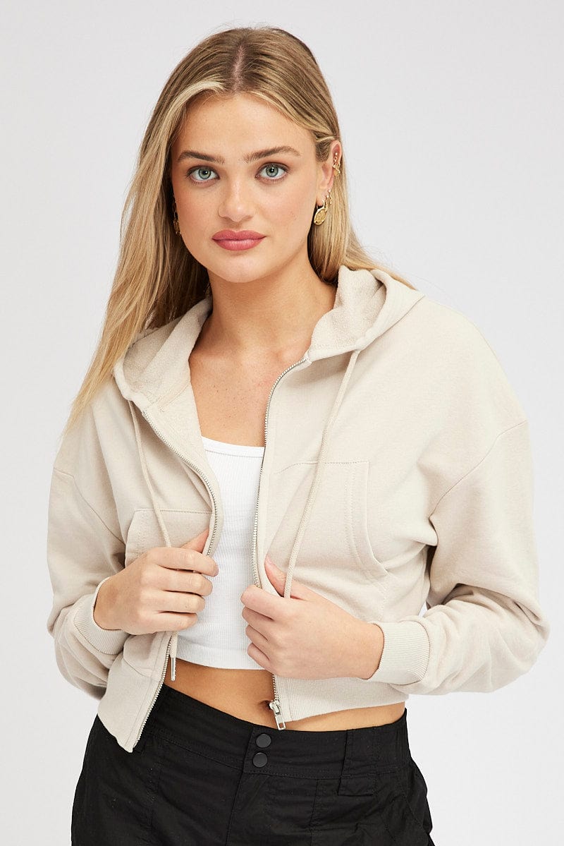 Beige Hoodie Zip Long Sleeve for Ally Fashion