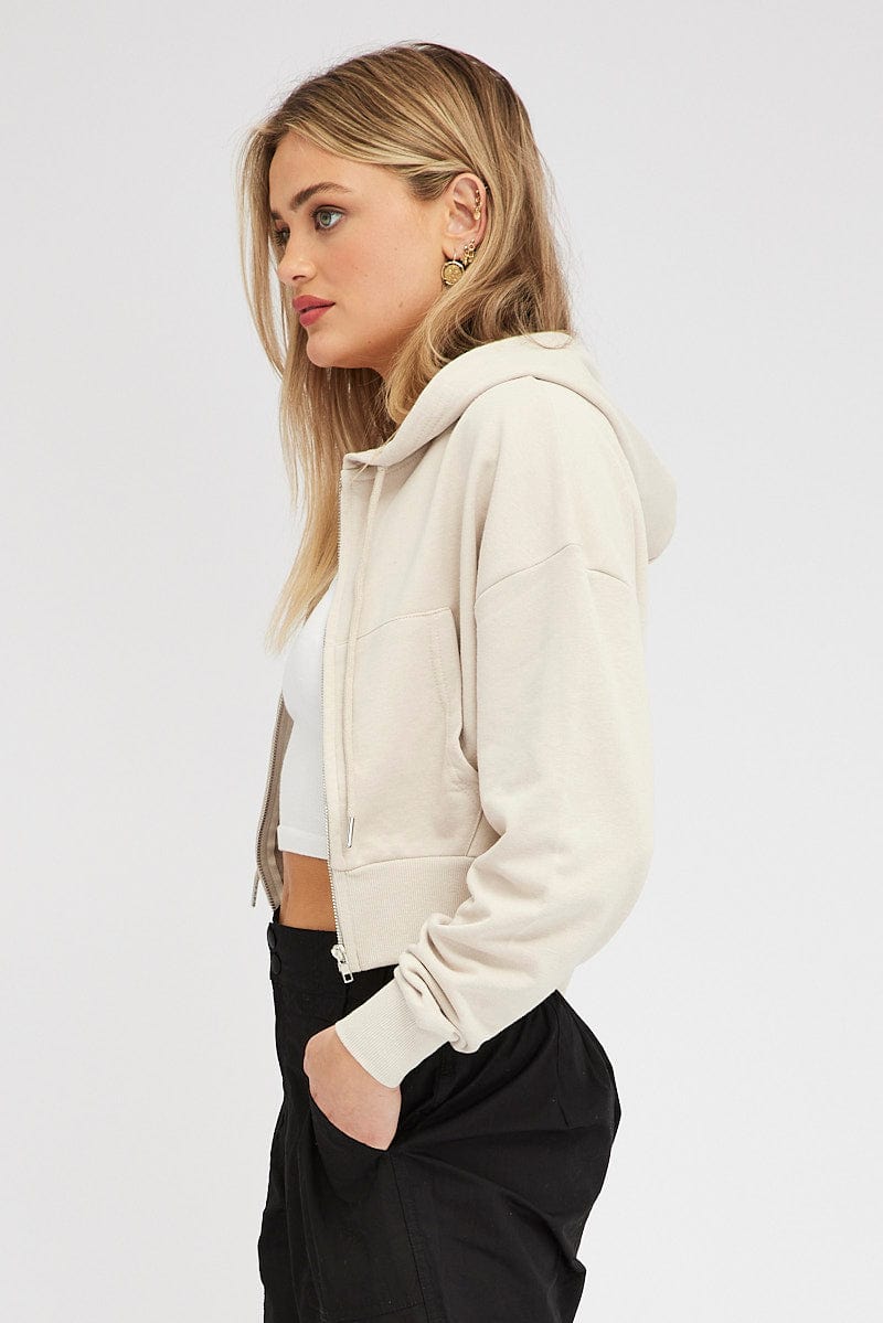 Beige Hoodie Zip Long Sleeve for Ally Fashion