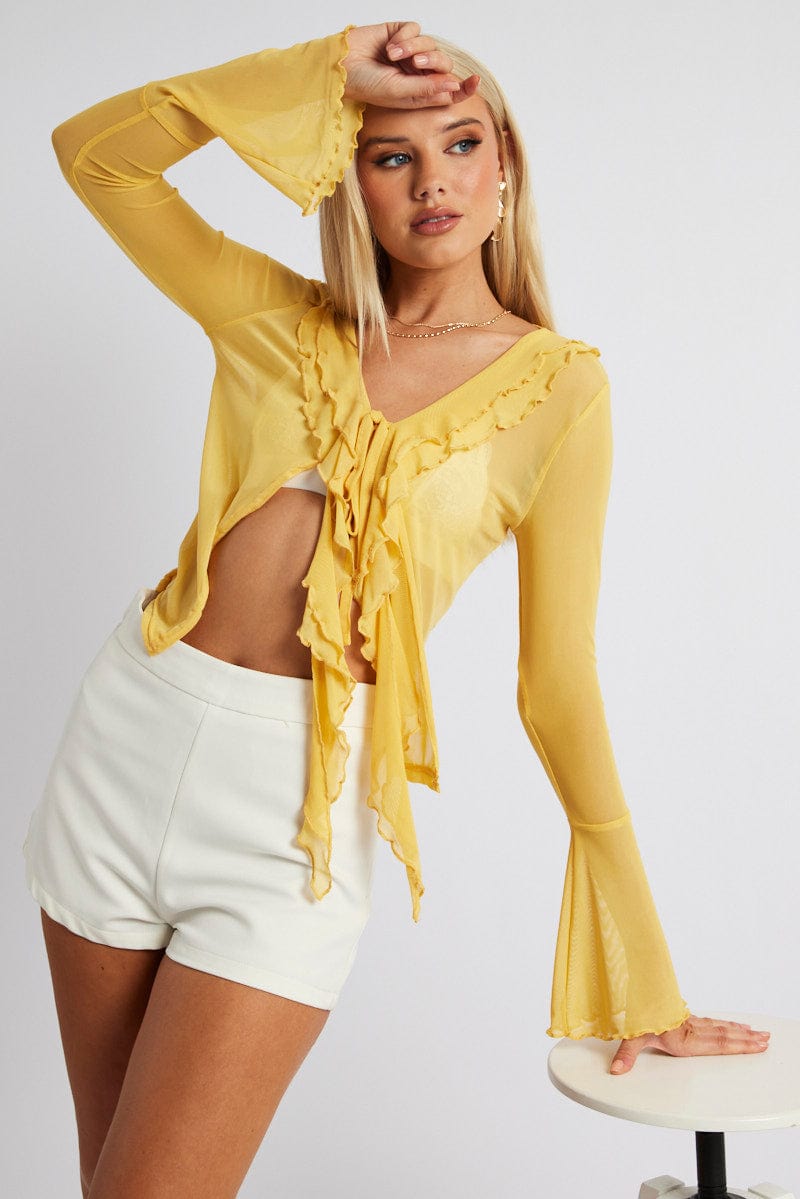 Yellow Mesh Cardigan Long Sleeve for Ally Fashion