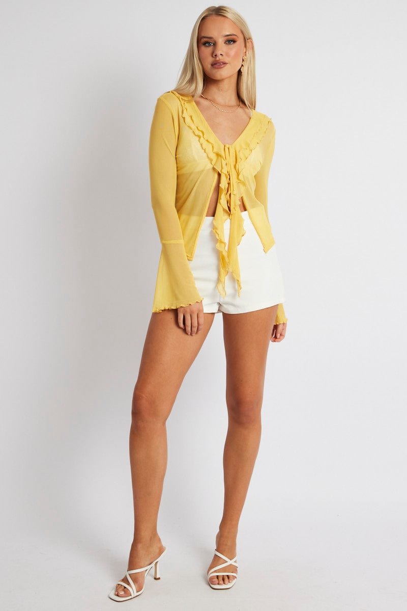 Yellow Mesh Cardigan Long Sleeve for Ally Fashion