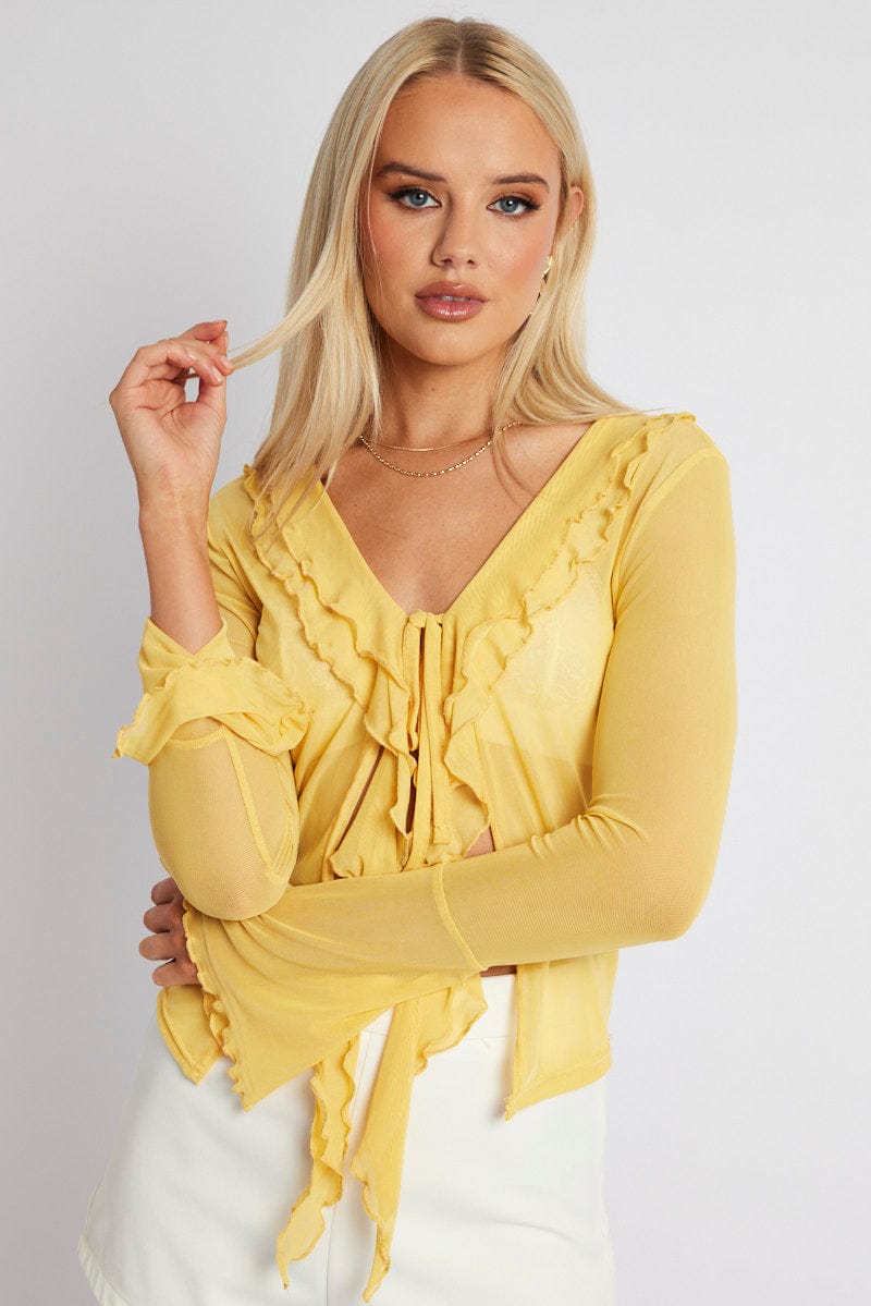 Yellow Mesh Cardigan Long Sleeve for Ally Fashion