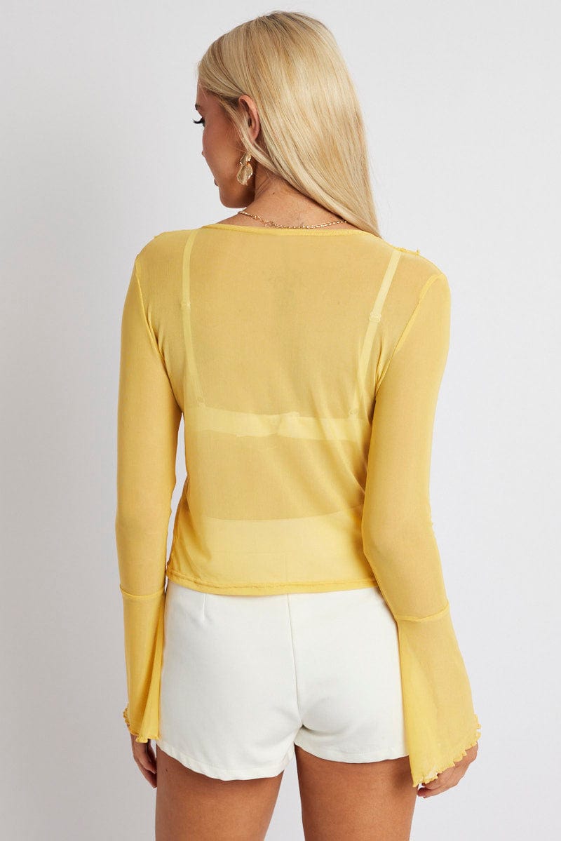 Yellow Mesh Cardigan Long Sleeve for Ally Fashion