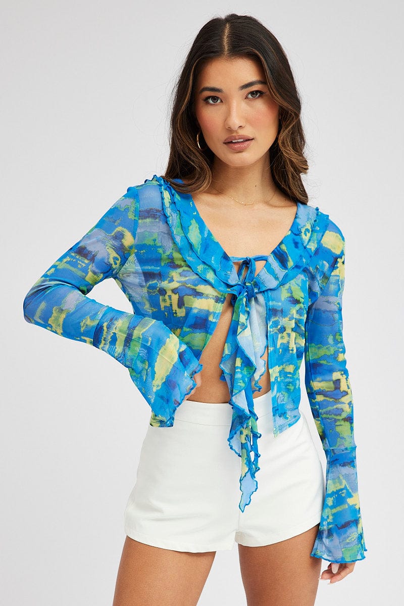 Blue Abstract Mesh Cardigan Long Sleeve for Ally Fashion