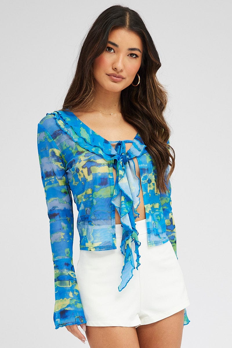 Blue Abstract Mesh Cardigan Long Sleeve for Ally Fashion