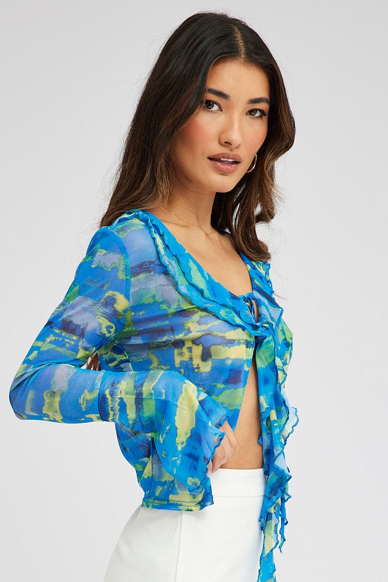 Blue Abstract Mesh Cardigan Long Sleeve for Ally Fashion