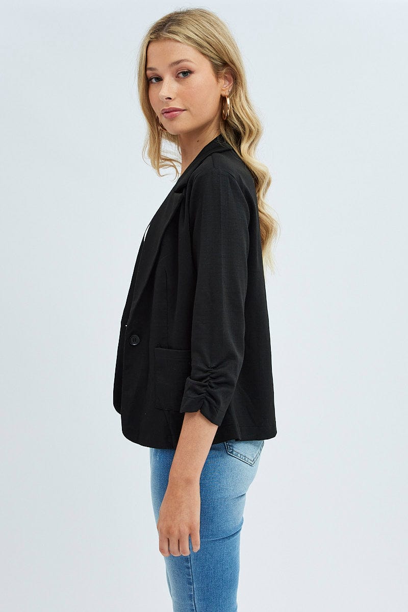 Black Blazer Jacket 3/4 Sleeve Lapel Single Breasted for Ally Fashion