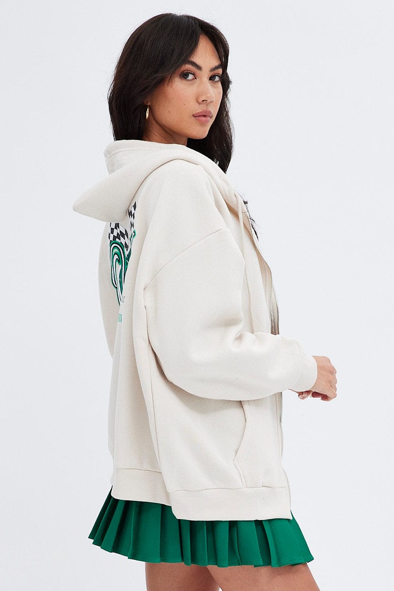 Beige Zip Hoodie Long Sleeve With Print & Embroidery for Ally Fashion